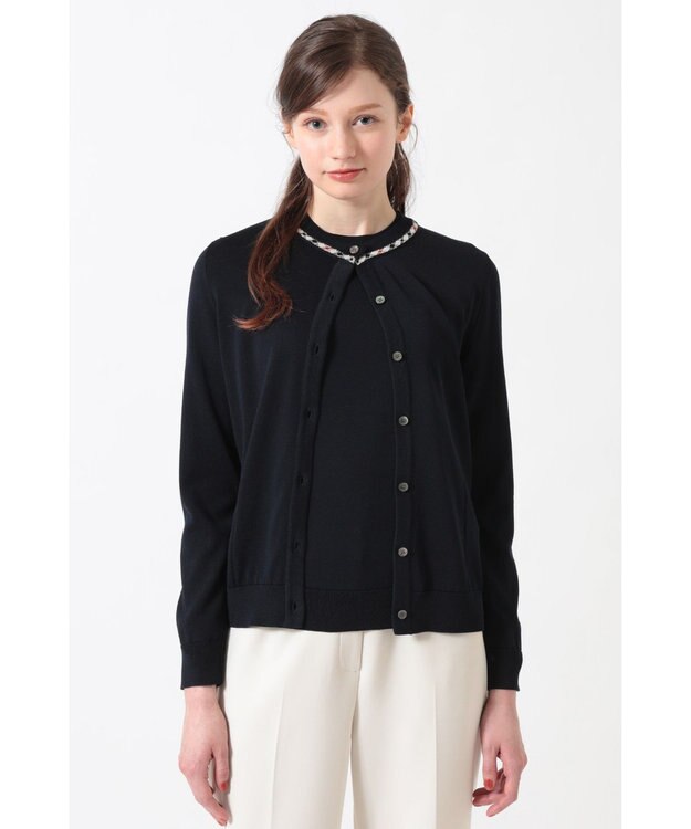 DAKS 綿ポリエステル ハウスチェックジャカード カーディガン ネイビー