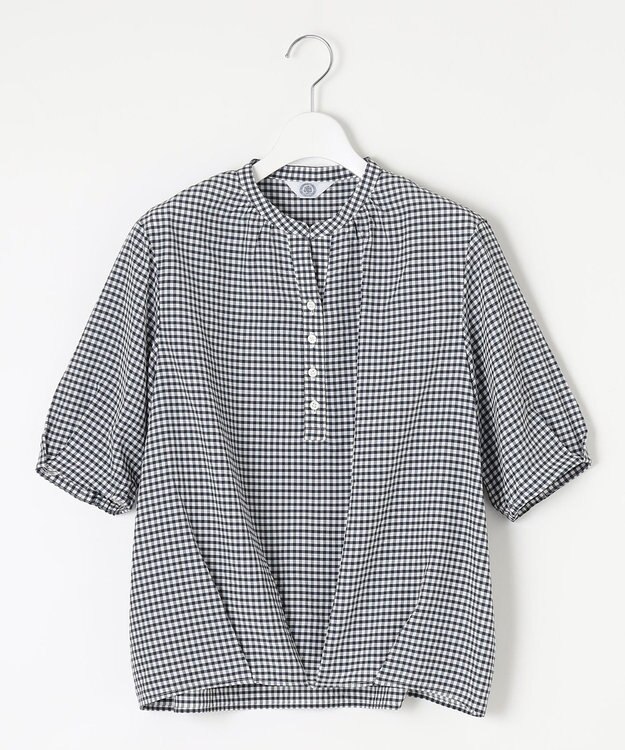 J.PRESS LADIES S 【洗える】アセVisギンガム バンドカラー ブラウス ネイビー系