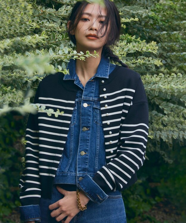 ANY 【前後着用可能/洗濯機可】２WAYパールニットカーディガン クロベース×オフライン