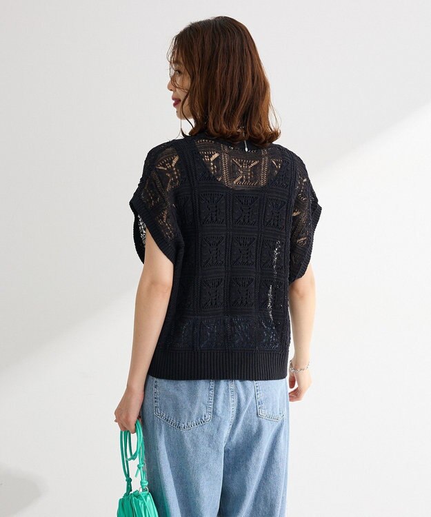 Green Parks 透かし編みＺＩＰニットベスト Black