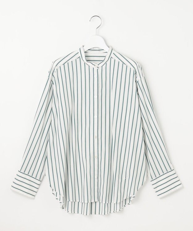 自由区 【スタイリストコラボ・洗える】SOMELOSバンドカラー シャツ ボトルグリーンストライプ