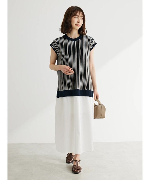 Green Parks ストライプ柄ニットドッキングワンピース Navy