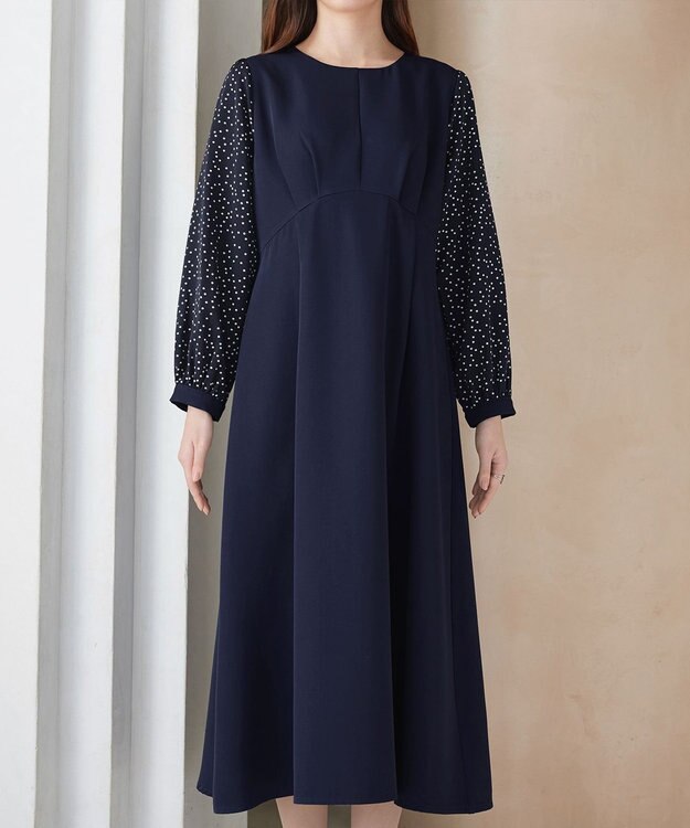 Tiaclasse L ドット柄コンビバックリボンタックワンピース ネイビー