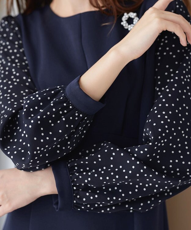 Tiaclasse L ドット柄コンビバックリボンタックワンピース ネイビー