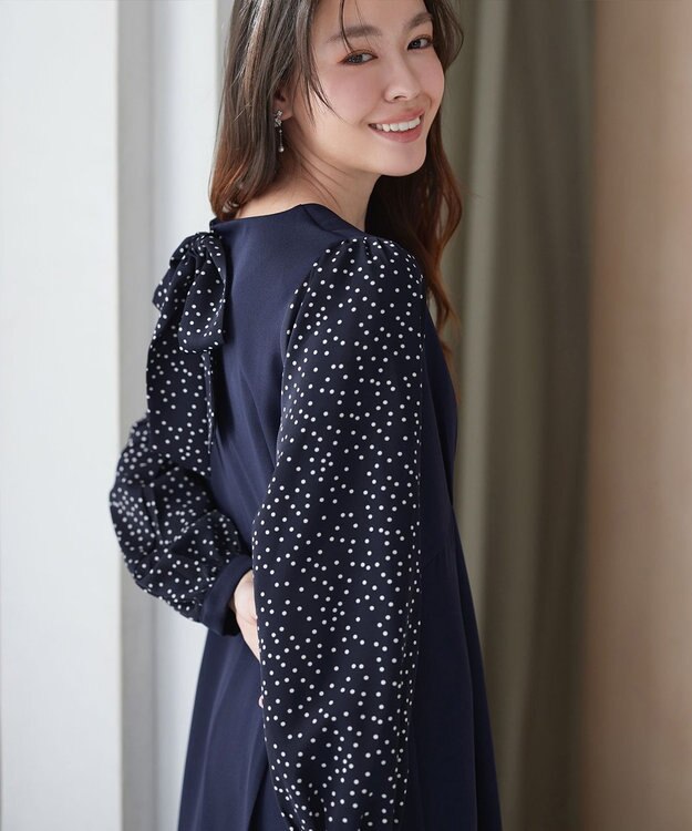 Tiaclasse L ドット柄コンビバックリボンタックワンピース ネイビー
