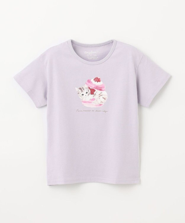 ANY KIDS 水彩風 アニマルプリント Ｔシャツ サックスブルー×ネコ
