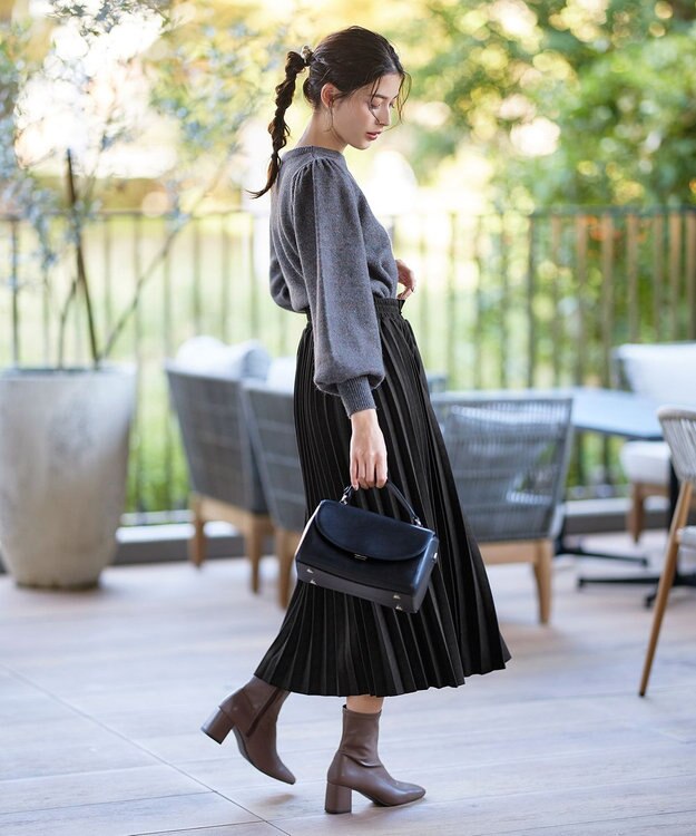 Tiaclasse L 【ウール混】パフスリーブファンシーヤーンニットトップス チャコールグレー