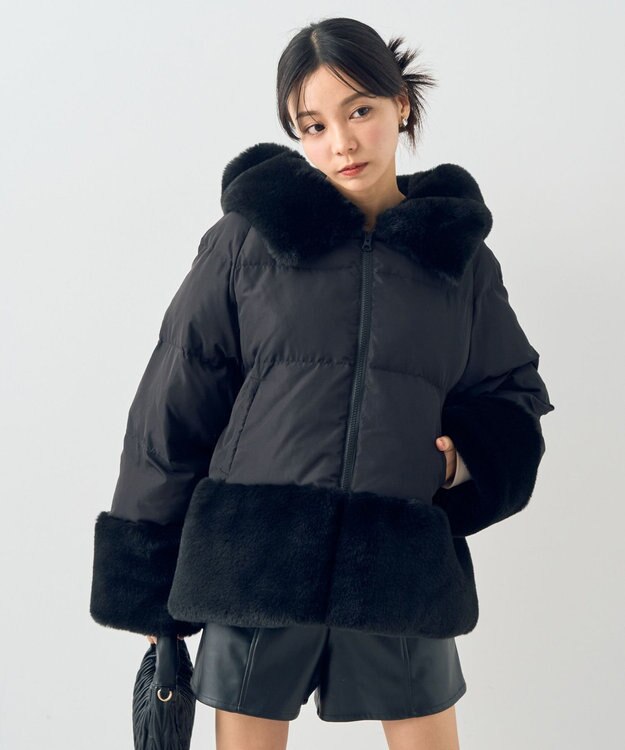 earth music&ecology フードファー中綿ショートコート ブラック