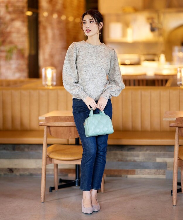 Tiaclasse 【ウール混】パフスリーブファンシーヤーンニットトップス グレージュ