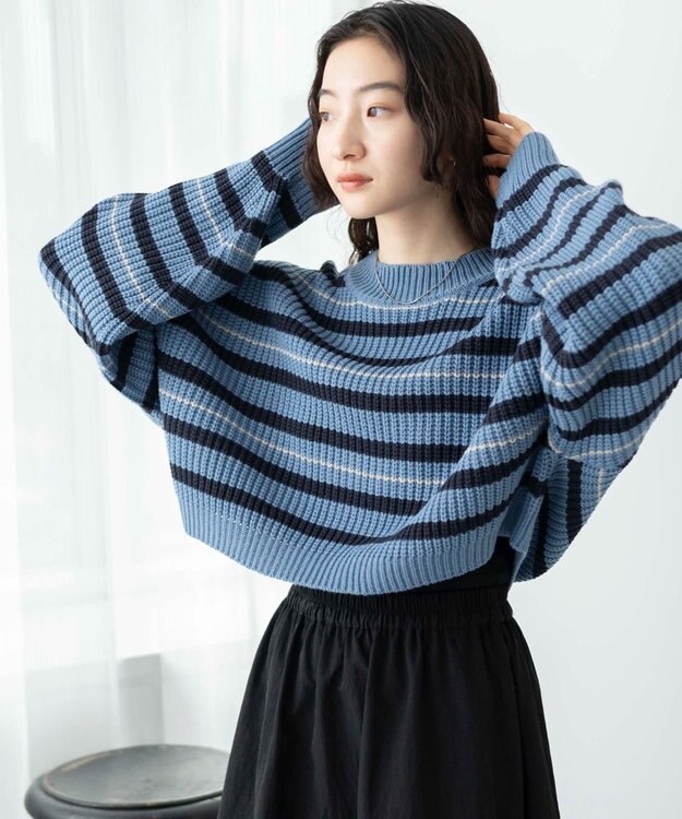 WEGO ボーダーショートニットプルオーバー ブルーボーダー