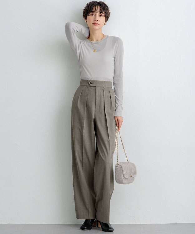 23区 S 【洗える】ドライ2WAYストレッチ チェック ワイドパンツ ダークブラウン系