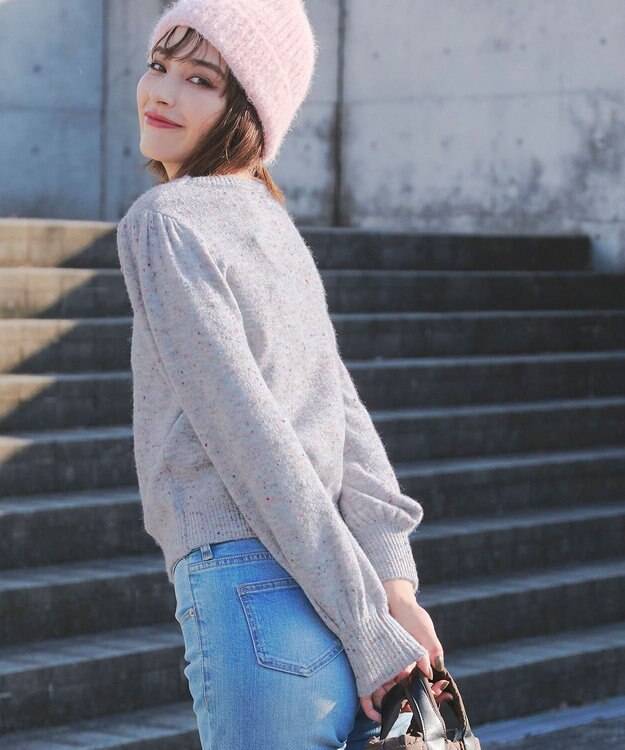 Tiaclasse L 【ウール混】パフスリーブファンシーヤーンニットトップス グレー