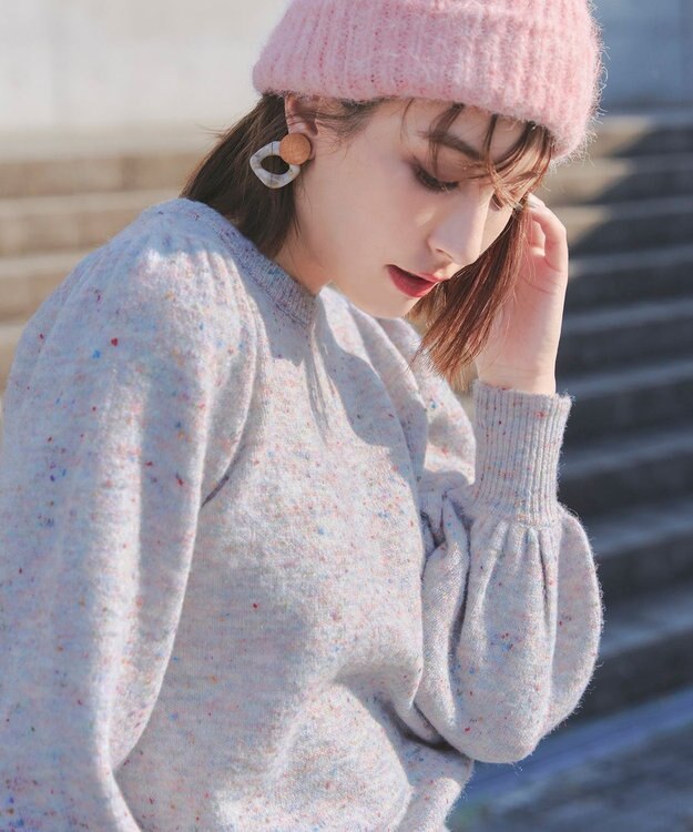 Tiaclasse L 【ウール混】パフスリーブファンシーヤーンニットトップス グレー