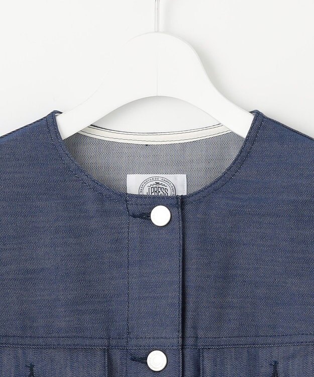 J.PRESS LADIES 【洗える】セルロースシャンブレー ノーカラー デニム ジャケット ブルー系