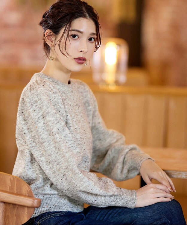 Tiaclasse L 【ウール混】パフスリーブファンシーヤーンニットトップス グレージュ