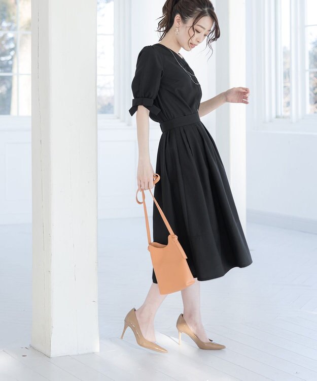 Tiaclasse 【選べる丈】麻調タックフレアスカート 膝丈ブラック