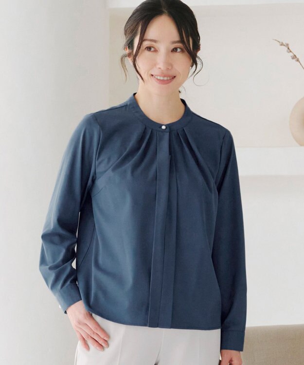 Tiaclasse L 【新色追加・洗える】バンドカラー2WAYタックブラウス ブルー