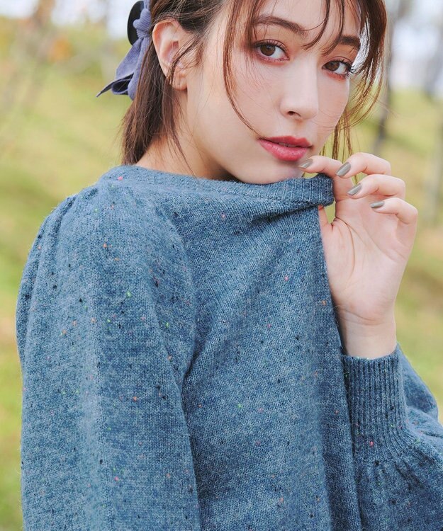 Tiaclasse L 【ウール混】パフスリーブファンシーヤーンニットトップス ブルー