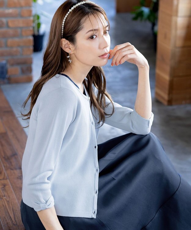 Tiaclasse L 【洗える】ミラノリブ編みが大人上品なリボンニットカーディガン サックス