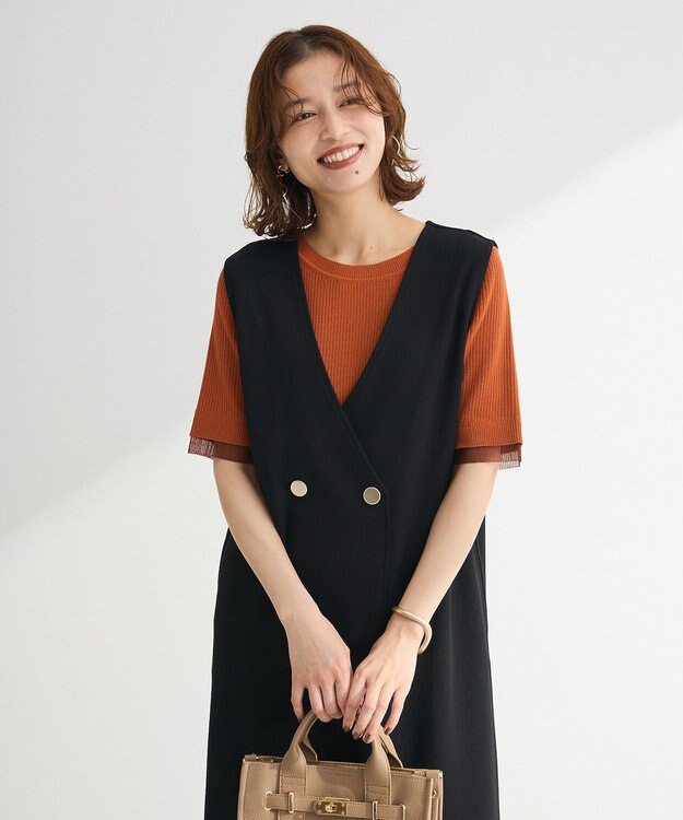 Green Parks 袖レイヤー５分袖ニットプルオーバー Orange