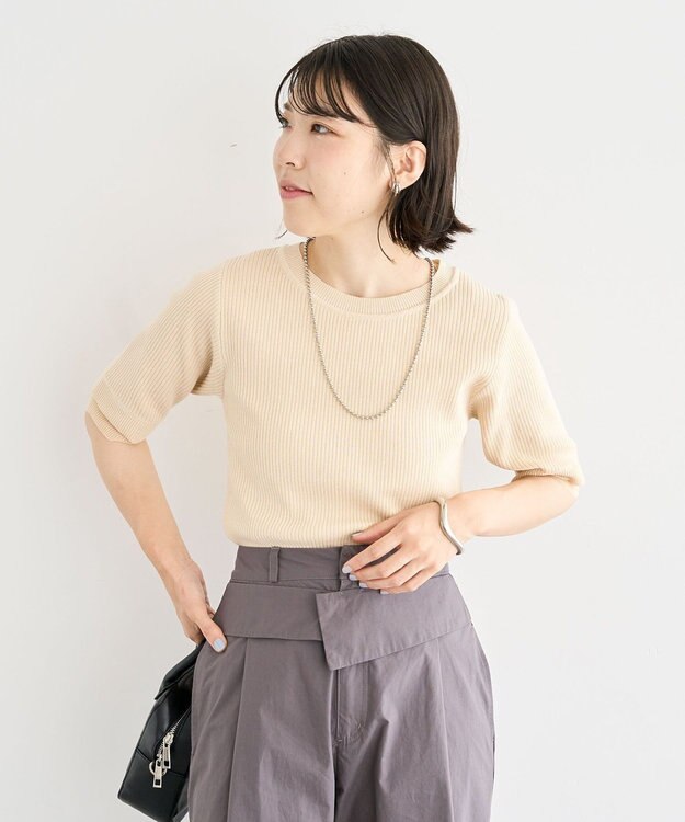 Green Parks 袖レイヤー５分袖ニットプルオーバー Ivory