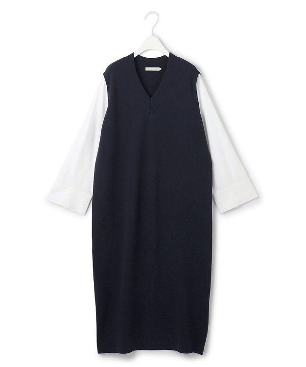 ICB L 【洗える】 クロスコンビ ニットワンピース ネイビー系