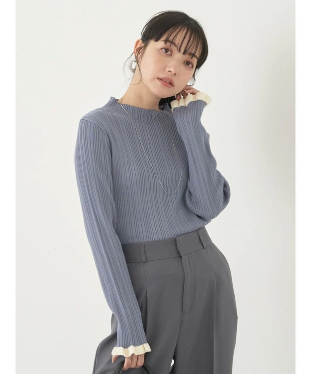 earth music&ecology 配色フリルニットプルオーバー Ice Blue