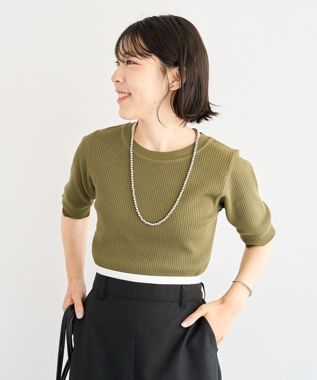 Green Parks 袖レイヤー５分袖ニットプルオーバー Green