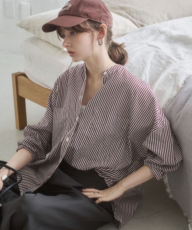 WEGO 着丈が選べる オーバーサイズ バンドカラー シャツ / ストライプ / 無地 ブラウンストライプ