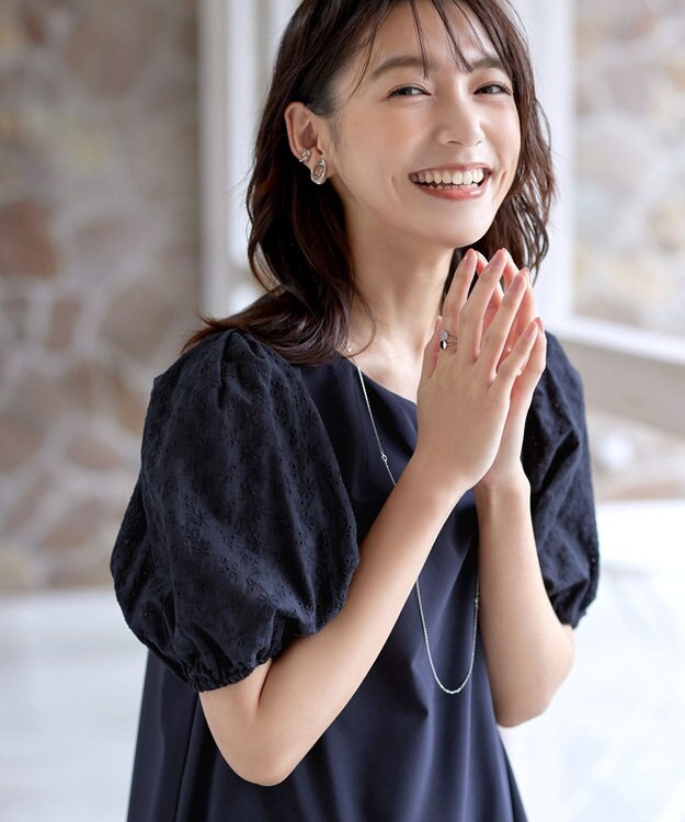 Tiaclasse 【2TYPE/総レース・袖レース】パンチングレースパフスリーブチュニックブラウス Bネイビー(袖のみレース）