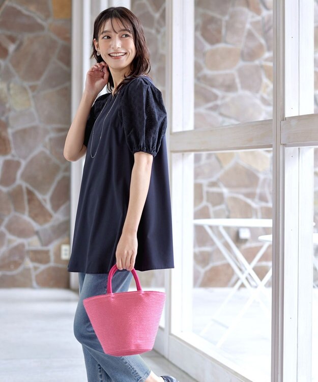 Tiaclasse 【2TYPE/総レース・袖レース】パンチングレースパフスリーブチュニックブラウス Bネイビー(袖のみレース）