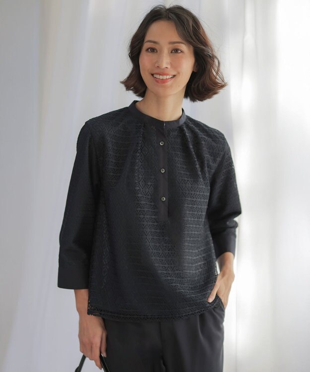 J.PRESS LADIES 【一枚で着映え】レースジャージー バンドカラー カットソー ネイビー系