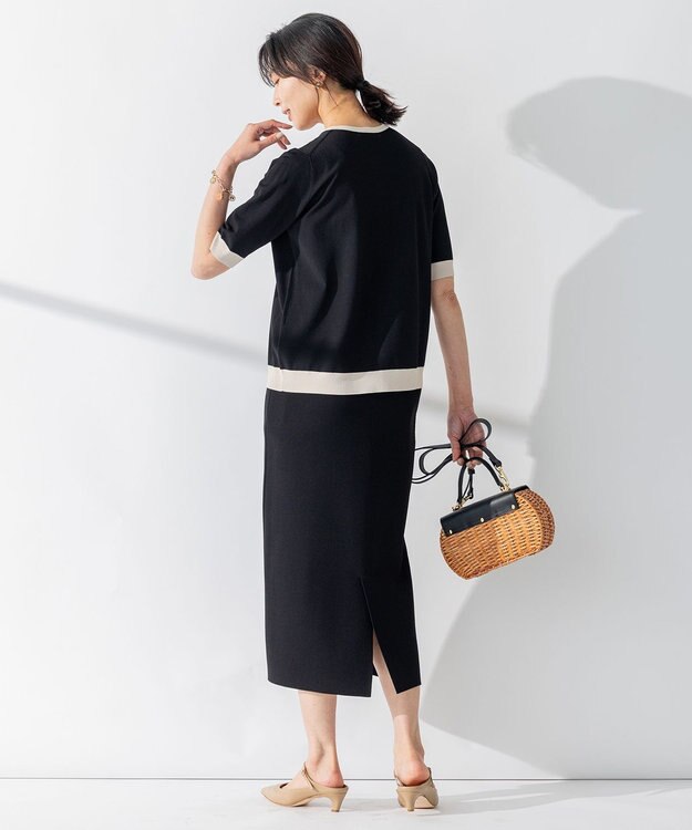 23区 【洗える】レーヨンポリエステルストレッチ 半袖 カーディガン ブラック×サンド