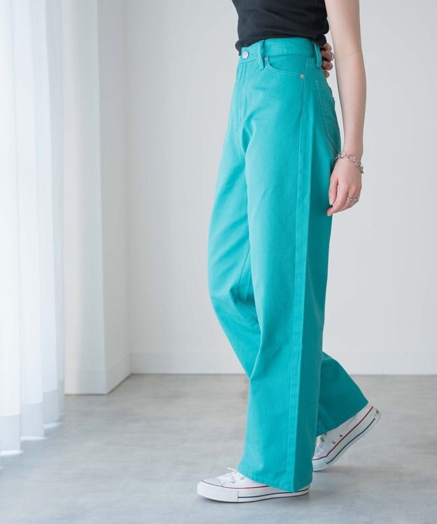 WEGO カラーウエストフィットワイドストレートパンツ グリーン