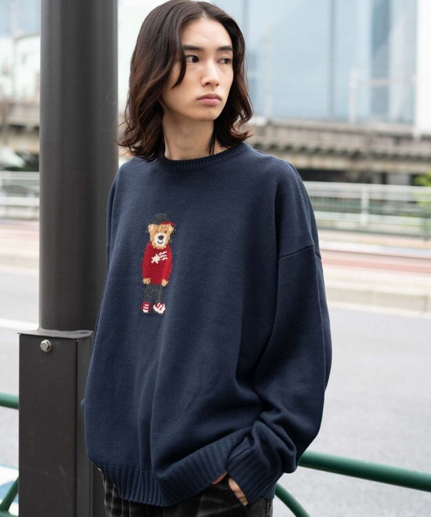 WEGO 【ユニセックス着用ITEM/MLサイズ展開】ジャガードアニマルプルオーバー ネイビー