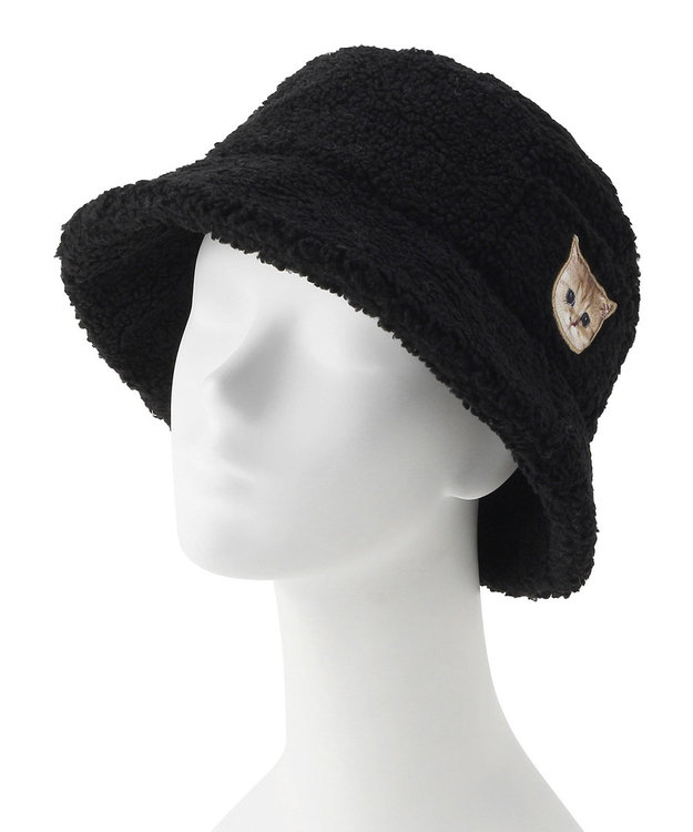 MOONBAT PAUL & JOE ACCESSOIRES 【サイズ調整可】バケットハット ボア ねこ刺繍ワッペン ヌネットモチーフ ブラック