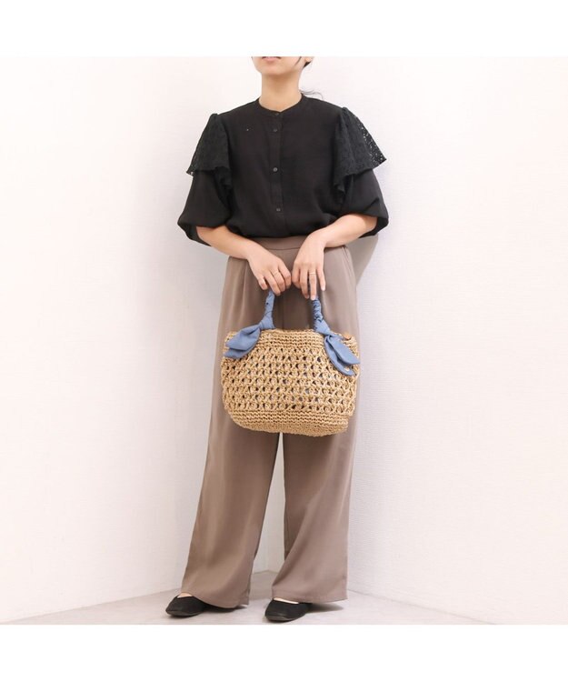 UNBILLION カシュカシュ cachecache / 下がりリボン柄編みトート ブルー