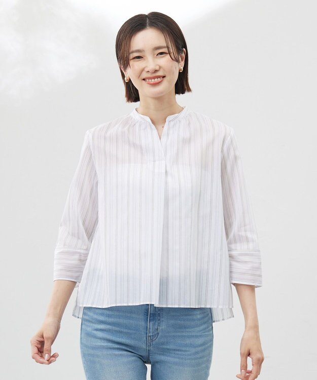 J.PRESS LADIES 【洗える】ランダムストライプ スタンドカラー  ブラウス オフ×ライムストライプ系