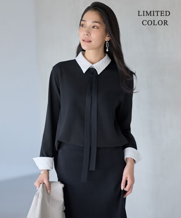 ICB L 【WEB限定カラーあり】マラボーテＷジョーゼット ボウタイ付きシャツカラートップス ブラック×レース襟［WEB限定］