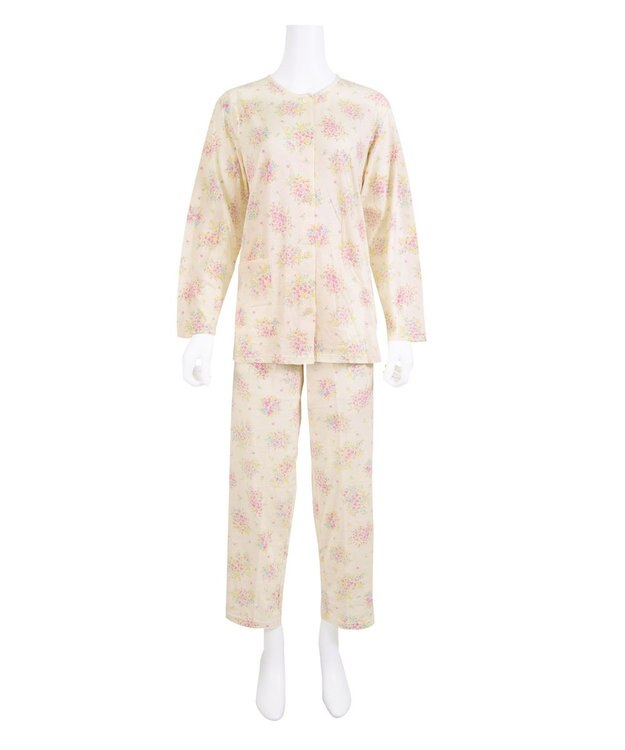 Wing 【数量限定　特別価格】 パジャマ 長袖 長ズボン 綿100% 天竺素材 やわらかな肌ざわり 前開きタイプ 丸首 花柄 EP5911 ウイング／ワコール クリーム