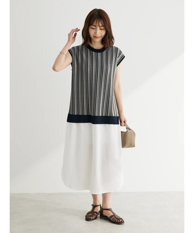 Green Parks ストライプ柄ニットドッキングワンピース Navy