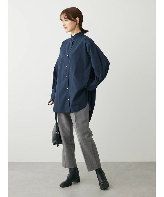 Green Parks イージーケアスタンドフリルシャツチュニック Navy