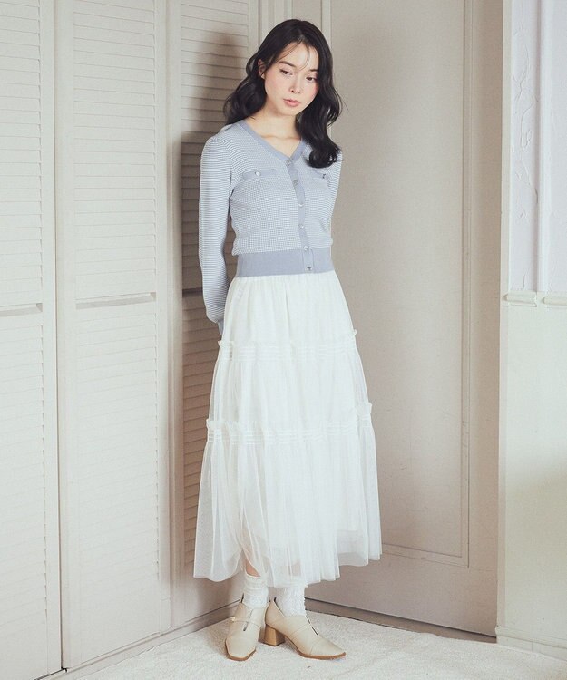 earth music&ecology マイクロボーダーＶネックコンパクトカーディガン Grayish Blue