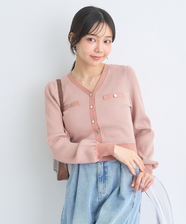 earth music&ecology マイクロボーダーＶネックコンパクトカーディガン Pink Orange