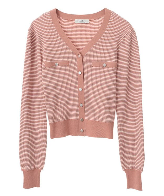 earth music&ecology マイクロボーダーＶネックコンパクトカーディガン Pink Orange