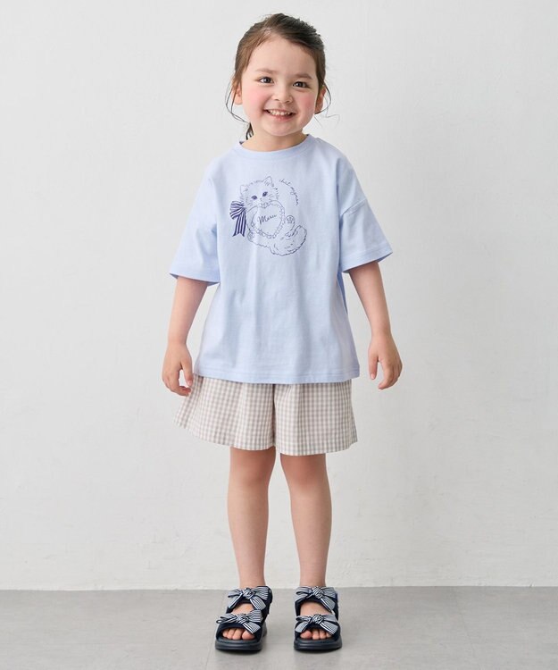 ANY KIDS 【綿100%/接触冷感】ひんやり オーバーサイズ アニマルTシャツ サックスブルー×ネコ