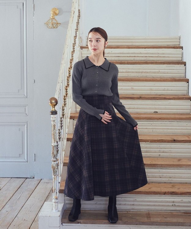 earth music&ecology バイカラートリムニットカーディガン Charcoal Gray