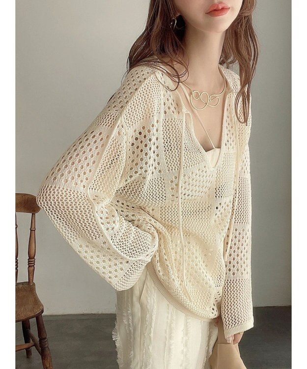 Green Parks ２ＷＡＹ透かし編みニットプルオーバー Ivory