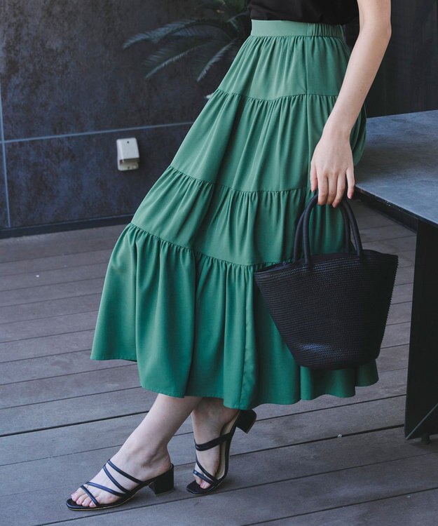 Tiaclasse 【洗える】ティアードフレアスカート グリーン