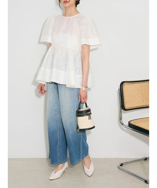 Green Parks パフスリーブジャガードペプラムブラウス Ivory